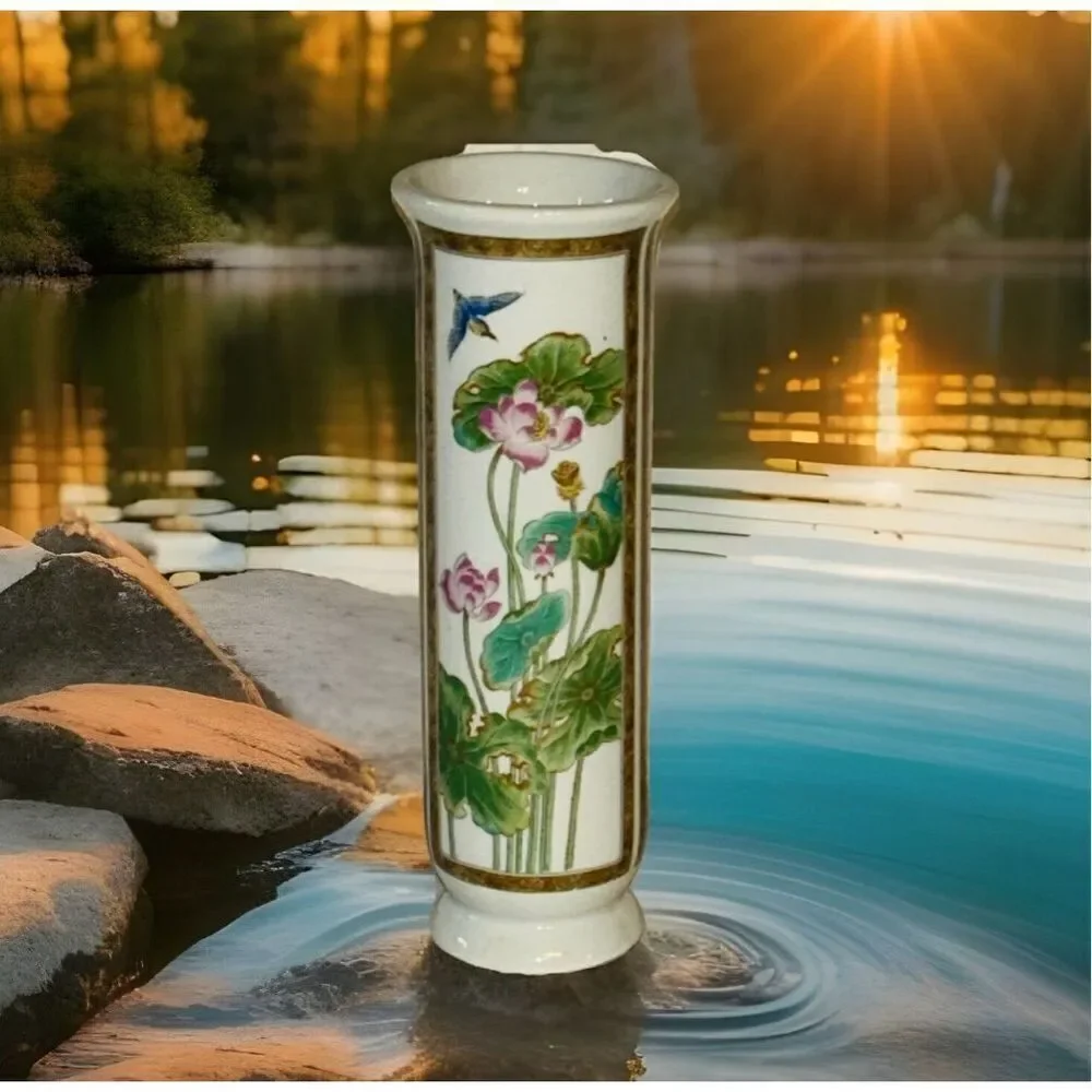 Trina porcelain bud vase made in Japan Purple flowers with Blue birds 6.5” tall